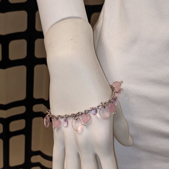 Bracelet. Pink heart & oval beads, clear & solid - Picture 9 of 9